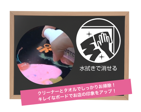 クリーナーとタオルでしっかりお掃除!キレイなボードでお店の印象をアップ!